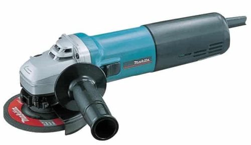 Makita GA4540C kutna brusilica s crnim i plavim kućištem i crvenom zaštitom za brusni disk.