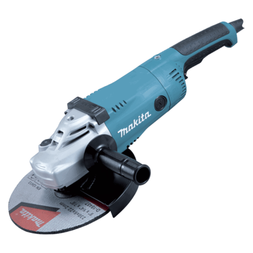 Makita GA9020RF kutna brusilica s 230 mm diskom, plavi i crni dizajn, ergonomski držaj, prikazana na bijeloj pozadini.
