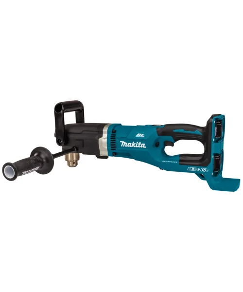 Makita DDA460ZK aku kutna bušilica s crnom i plavom bojom, priključak za bateriju i LED svjetlo.