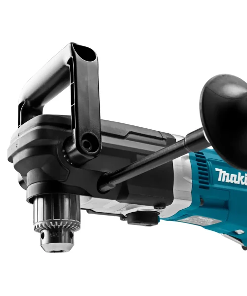 Makita DDA460ZK aku kutna bušilica s crnom ručkom i plavim kućištem, prikazana s metalnim nastavkom.