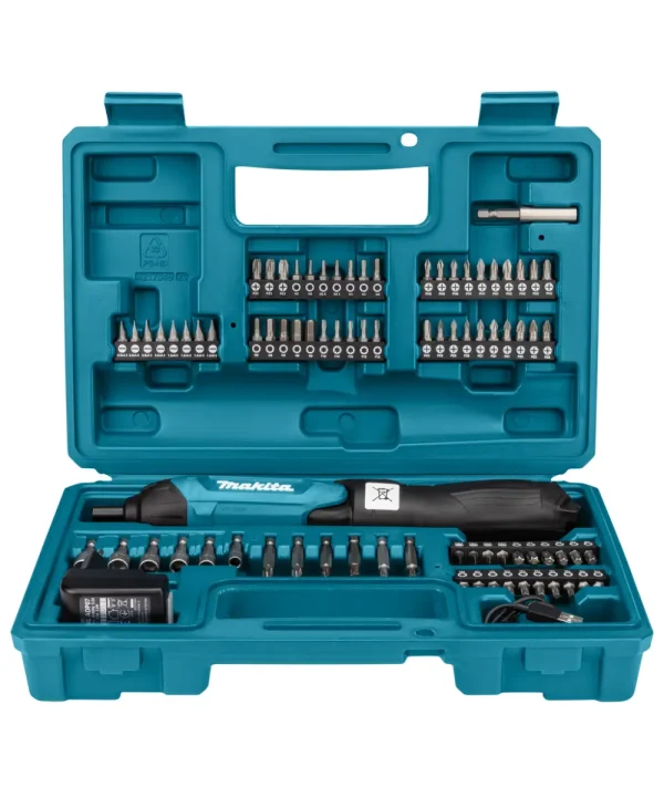 Makita DF001DW aku odvijač s 80 nastavaka u plavom kovčegu.