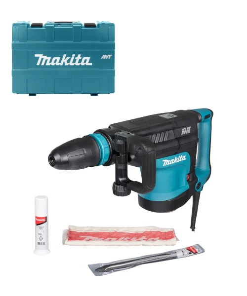 Makita HM1213C udarni čekić s torbom, mazivom, krpom i dodatkom za čišćenje.