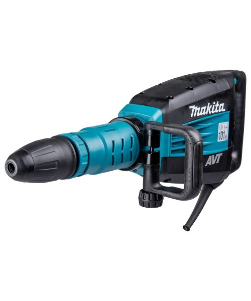 Makita HM1214C udarni čekić s crnom i plavom bojom, prikazan s ručkom i napajanjem.
