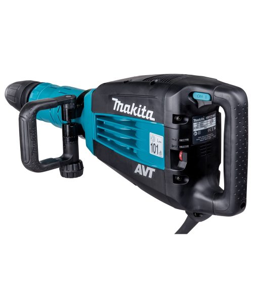 Makita HM1214C udarni čekić s plavim i crnim kućištem, LED svjetlom i baterijskim napajanjem.