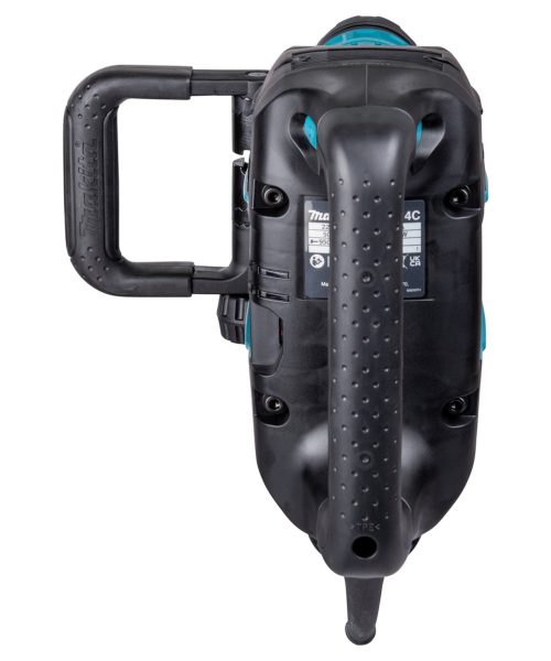 Makita HM1214C udarni čekić s crnom i plavom bojom, prikazan s ručkom i baterijom.