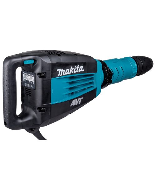 Makita HM1214C udarni čekić s plavom i crnom bojom, ergonomski dizajn, prikazan s prednje strane.