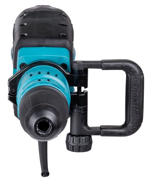 Makita HM1214C udarni čekić s crnim i plavim kućištem, ergonomski dizajn i priključak za dodatke.