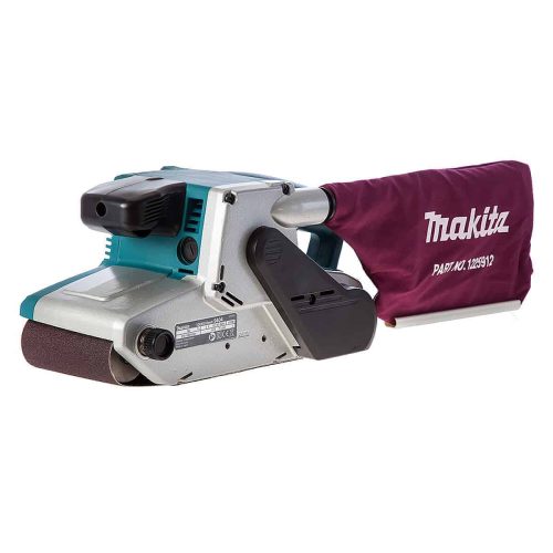 Makita tračna brusilica 9404 s crvenim remenom i plavim kućištem za brušenje.