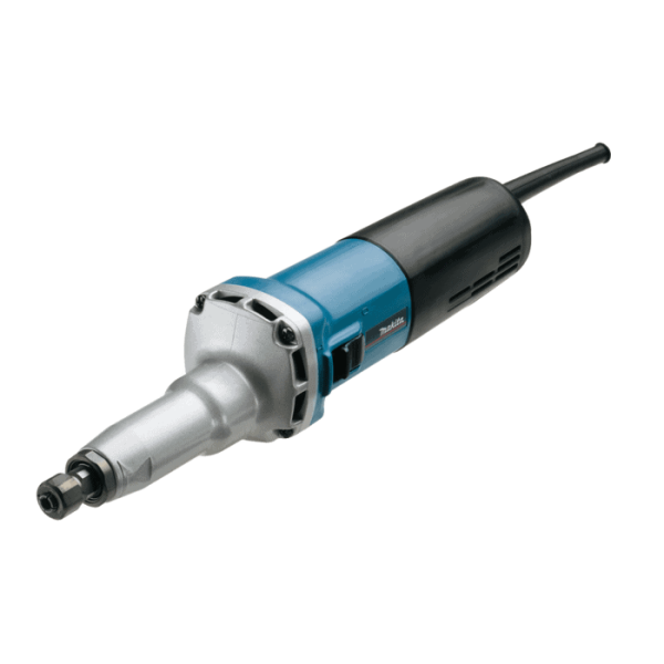 Makita GD0810C ravna brusilica s plavim i crnim kućištem, prikazana na bijeloj pozadini.