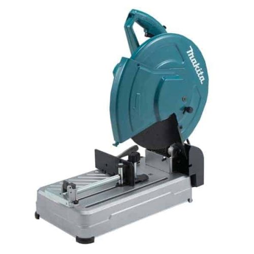 Makita LW1400 stolna pila za metal s plastičnim kućištem i vodilicom za rezanje.