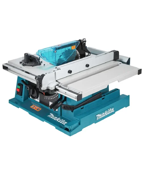 Makita 2704N stolna kružna pila s plavom zaštitom i aluminijskim stolom za rezanje drva.