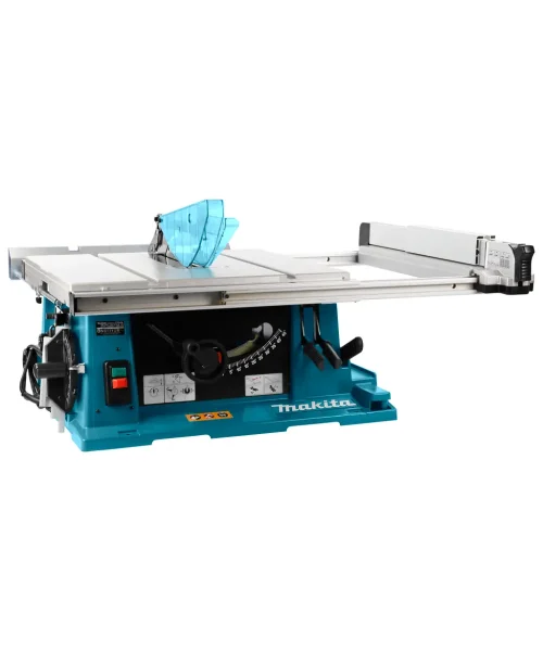 Makita 2704N stolna kružna pila s aluminijskim stolom i zaštitnim poklopcem za rezanje drva.