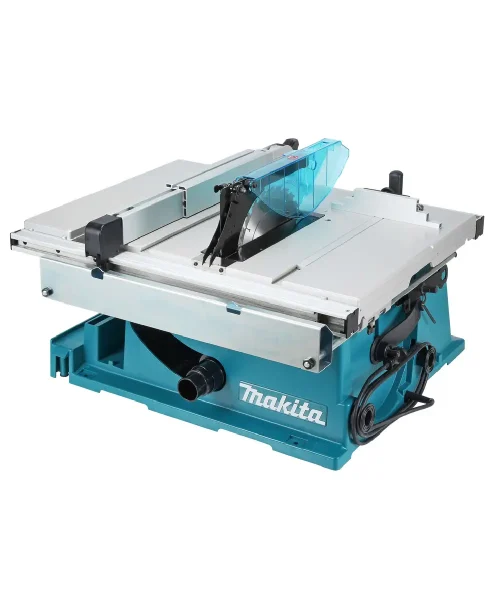Makita 2704N stolna kružna pila s plavim zaštitnim poklopcem i vodilicom za rezanje.