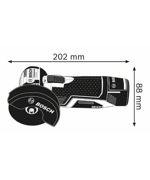 Bosch GWS 12V-76 aku kutna brusilica s dimenzijama 202 mm dužine i 88 mm visine.