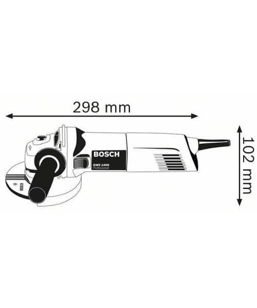 Dimenzije Bosch PRO GWS 1400 kutne brusilice, 298 mm dužina i 102 mm visina.