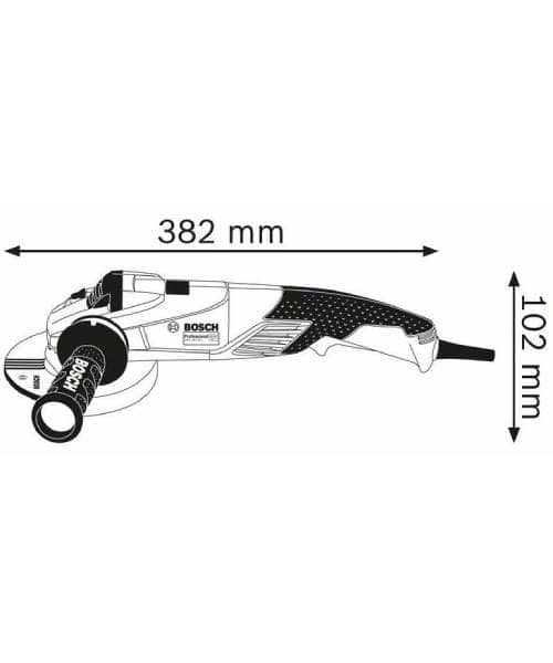 Dimenzije Bosch kutne brusilice PRO GWS 18-125 SL, 382 mm dužina i 102 mm visina.
