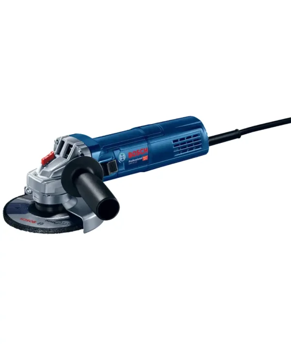 Bosch GWS 9-115 kutna brusilica s crnim i plavim kućištem i crvenim prekidačem.