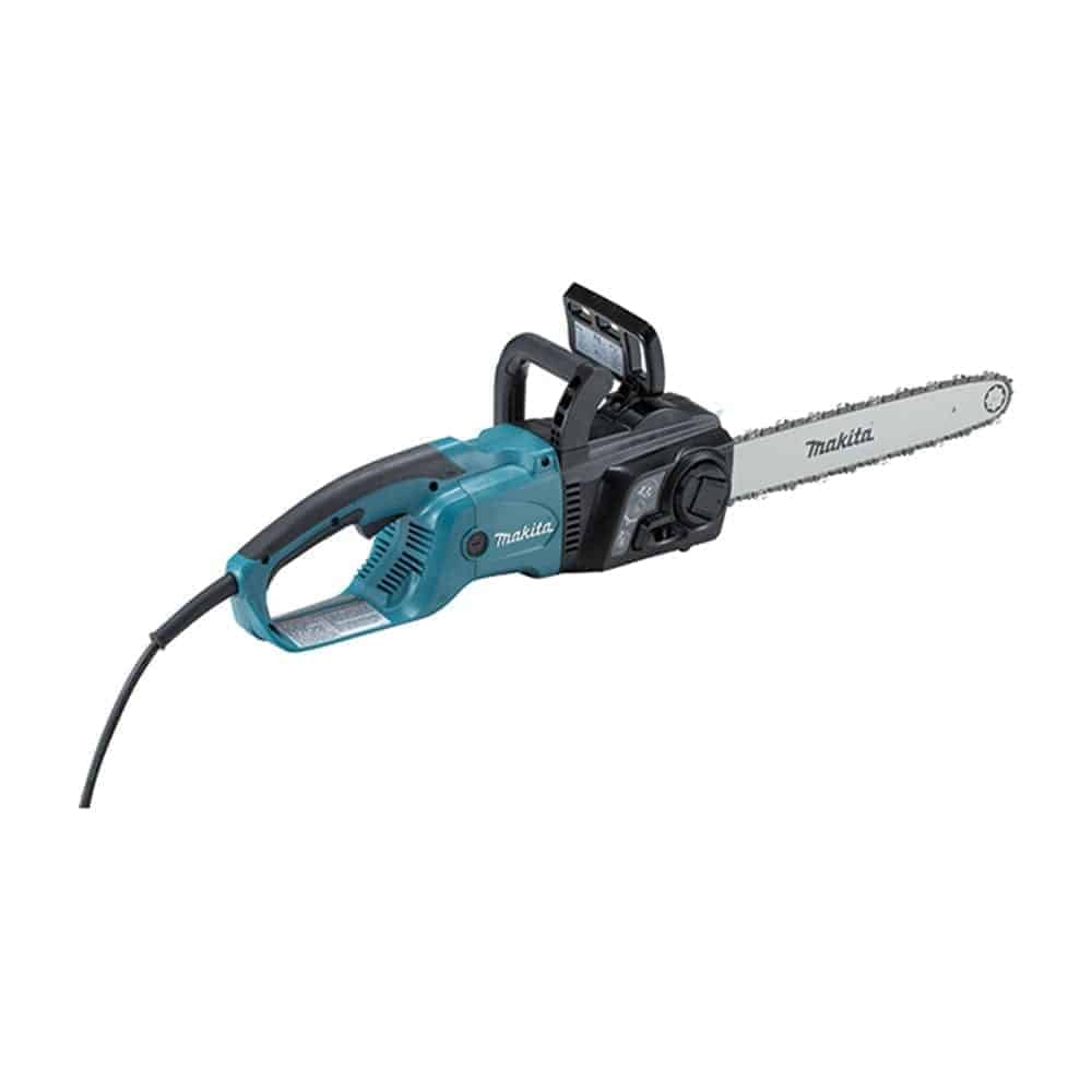 Makita UC4051A električna lančana pila s plavim kućištem i metalnom lancem za rezanje drva.