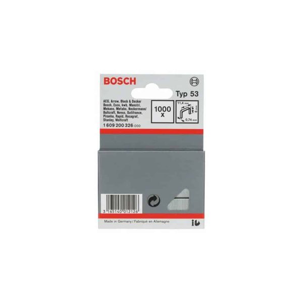 Bosch spajalice za klamericu tip 53, 11,4 x 6 mm, 1000 kom, prikaz paketa.