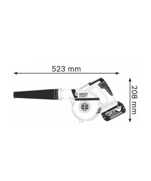 Tehnički crtež Bosch aku puhala GBL 18V-120 s dimenzijama 523 mm i 208 mm.