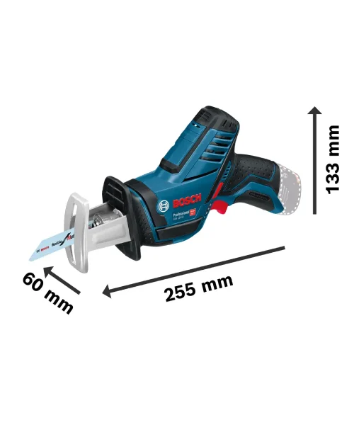Bosch GSA 12V-14 aku recipročna pila prikazana s dimenzijama 255 mm dužine, 60 mm širine i 133 mm visine.