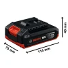 BOSCH akumulator GBA 18V 2,0Ah s dimenzijama 114x75x43 mm, crno-crvene boje.