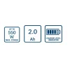 BOSCH GBA 18V 2,0Ah akumulator s indikatorom razine napunjenosti i maksimalnom snagom od 550 W.