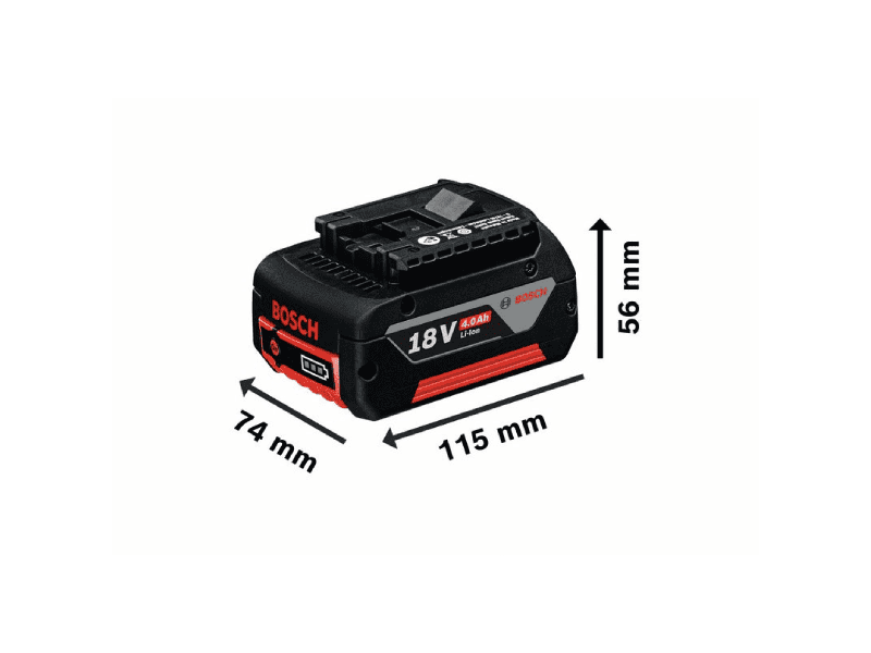 Bosch GBA 18V 4,0Ah akumulator s dimenzijama 115x74x56 mm za električne alate.
