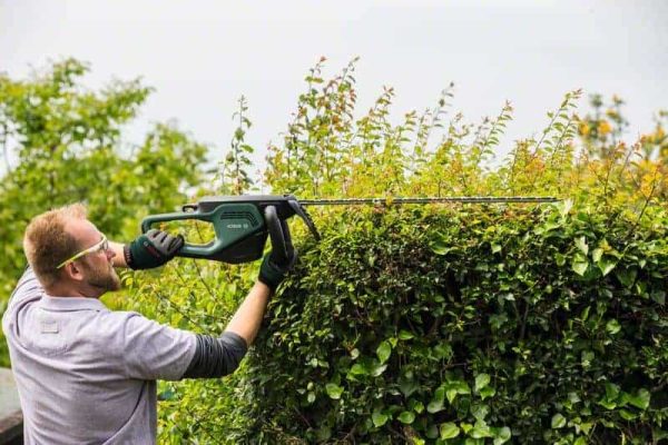 Muškarac s zaštitnim naočalama i rukavicama koristi BOSCH električne škare za živicu AdvancedHedgeCut 70 za rezanje živice.
