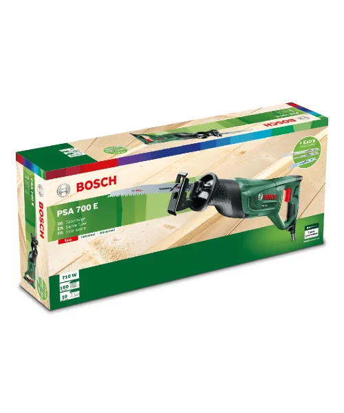 Bosch PSA 700 E sabljasta pila s tri lista pile u kutiji.