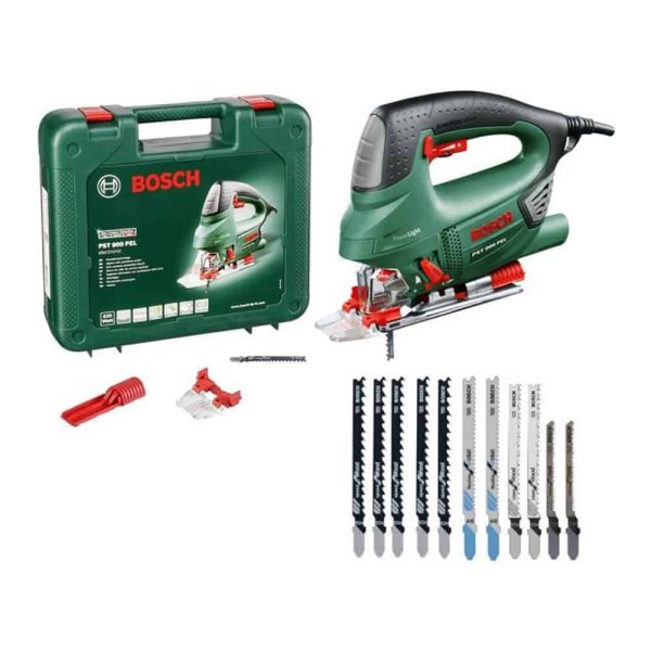 Bosch PST 900 PEL ubodna pila s 10 listova i kovčegom, prikaz u kompletu.