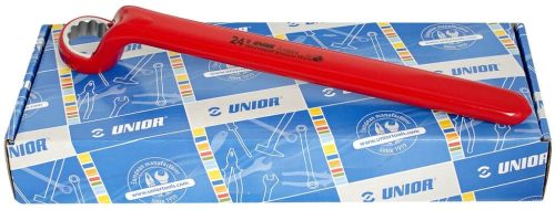 Crveni jednostrani okasti ključ UNIOR 10-24/10 na pakiranju s plavom pozadinom.