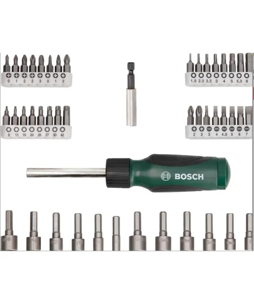 BOSCH set odvijača s raznim bitovima i nasadnim ključevima, prikazano na bijeloj pozadini.