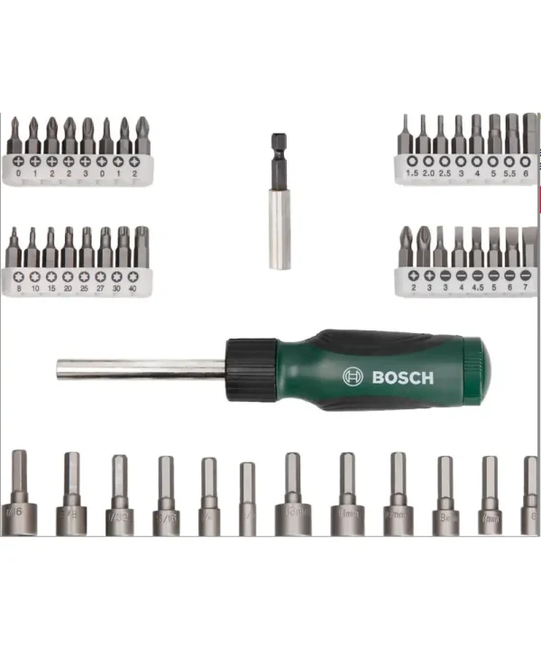 BOSCH set odvijača s raznim bitovima i nasadnim ključevima, prikazano na bijeloj pozadini.