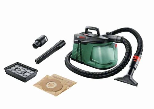 BOSCH EasyVac 3 usisavač s crnim i zelenim kućištem, crijevom i priborom za čišćenje.