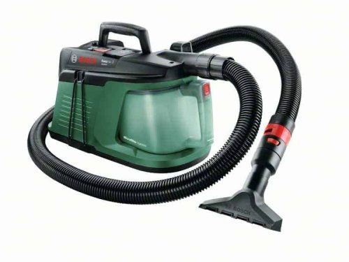 Bosch EasyVac 3 ručni usisavač s crnim i zelenim dizajnom, priključen na crnu cijev i usisnu glavu.