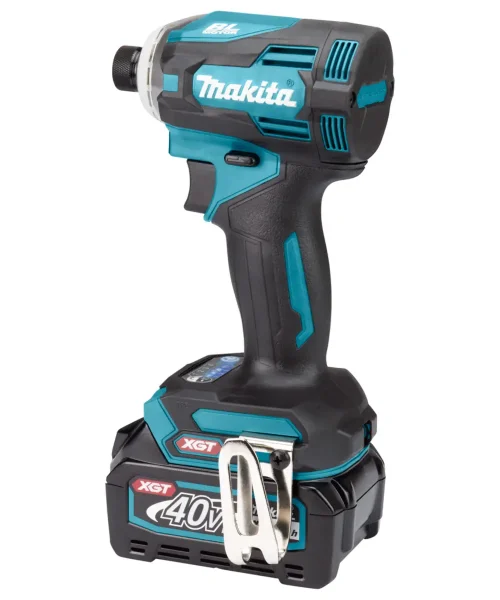 Makita TD001GD201 aku udarni odvijač s baterijom i Makpac, crno-plavi model s priključkom za dodatnu opremu.