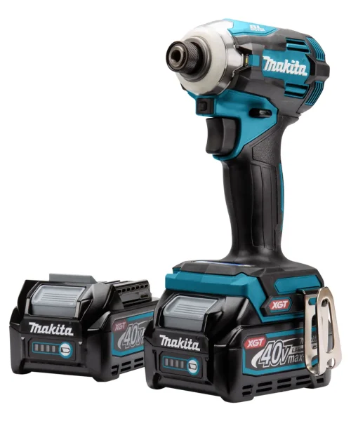 Makita TD001GD201 aku udarni odvijač s dvije 40V baterije i punjačem, prikazan u boji s crnim i plavim detaljima.
