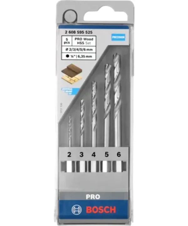Bosch PRO Wood HSS set za bušenje drva s 1/4" prihvatom i 2-6 mm širinom.