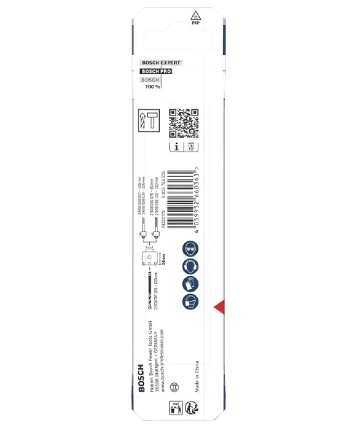BOSCH PRO svrdlo za centriranje za SDS plus krune, 8 x 120 mm, bijela i plava boja, s QR kodom i oznakama.