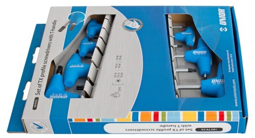 Set od 7 torx ključeva s T-ručicom marke UNIOR, plave boje, u kutiji za skladištenje.