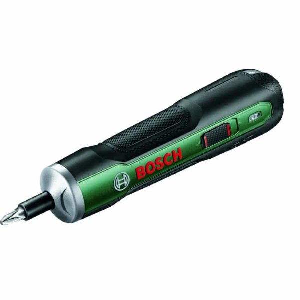 Bosch PushDrive 3,6V aku odvijač s crvenim i zelenim detaljima i priključkom za bitove.