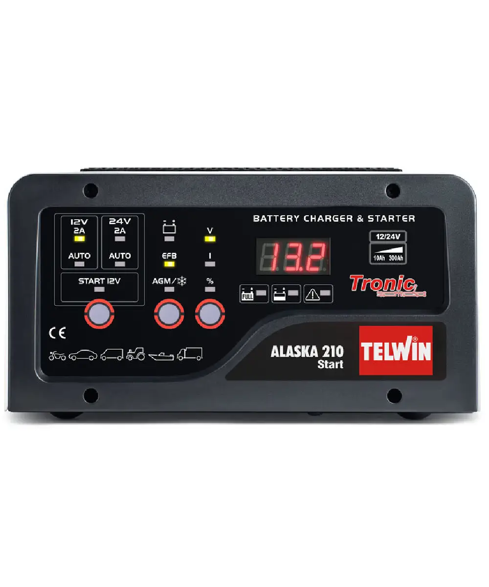 TELWIN Alaska 210 Start punjač i starter akumulatora s digitalnim prikazom i kontrolnim gumbima.