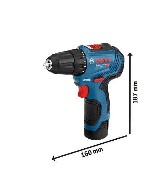 BOSCH PRO GSR 12V-30 aku bušilica prikazana s dimenzijama 187 mm visine i 160 mm širine.