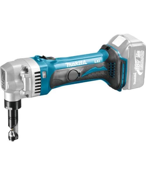 Makita DJN161Z aku škare za lim prikazane na bijeloj pozadini.
