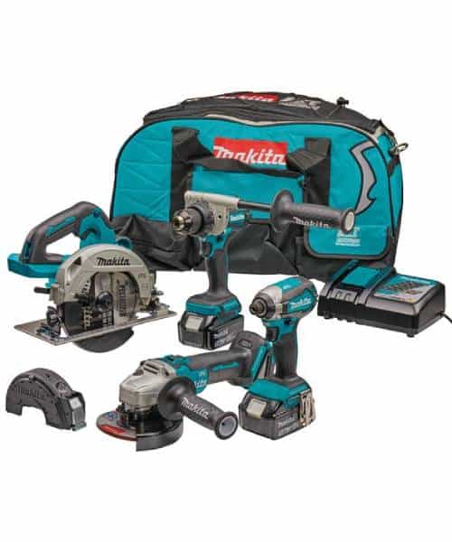 MAKITA aku set DLX4156TX1 – bušilica-odvijač DDF486 + udarni odvijač DTD153 + brusilica DGA504 + kružna pila DHS660Z
