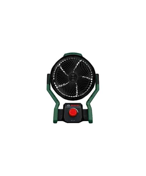 BOSCH aku ventilator UniversalFan 18V-1000 prikazan s crvenim gumbom i okruglim ventilatorom.