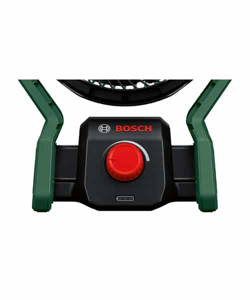 Bosch UniversalFan 18V-1000 aku ventilator s crvenim gumbom i zelenim okvirima za podršku.