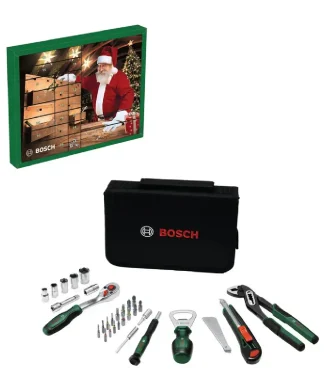 BOSCH adventski kalendar s alatom, prikaz božićnog dizajna i alata unutar kalendara.