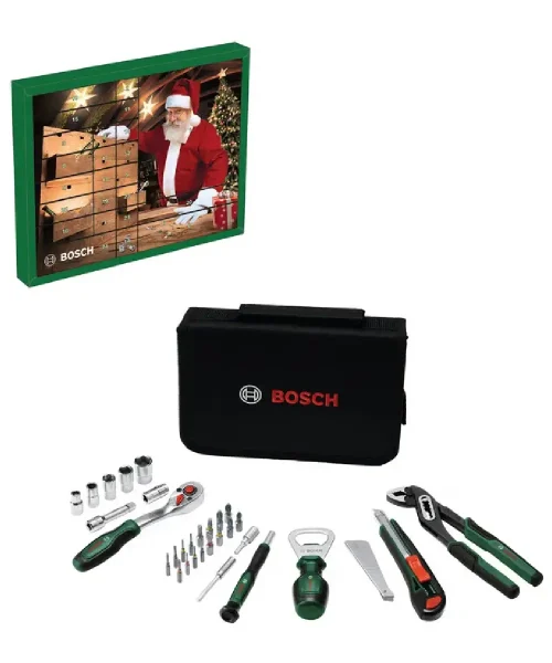 BOSCH adventski kalendar s alatom, prikaz božićnog dizajna i alata unutar kalendara.